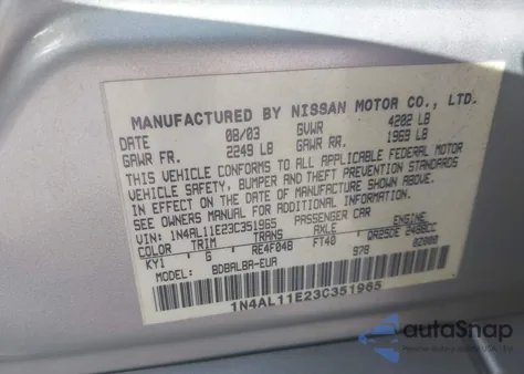 2003 Nissan Altima 2.5 Sl z USA, uszkodzony, nr VIN 1N4AL11E23C351965